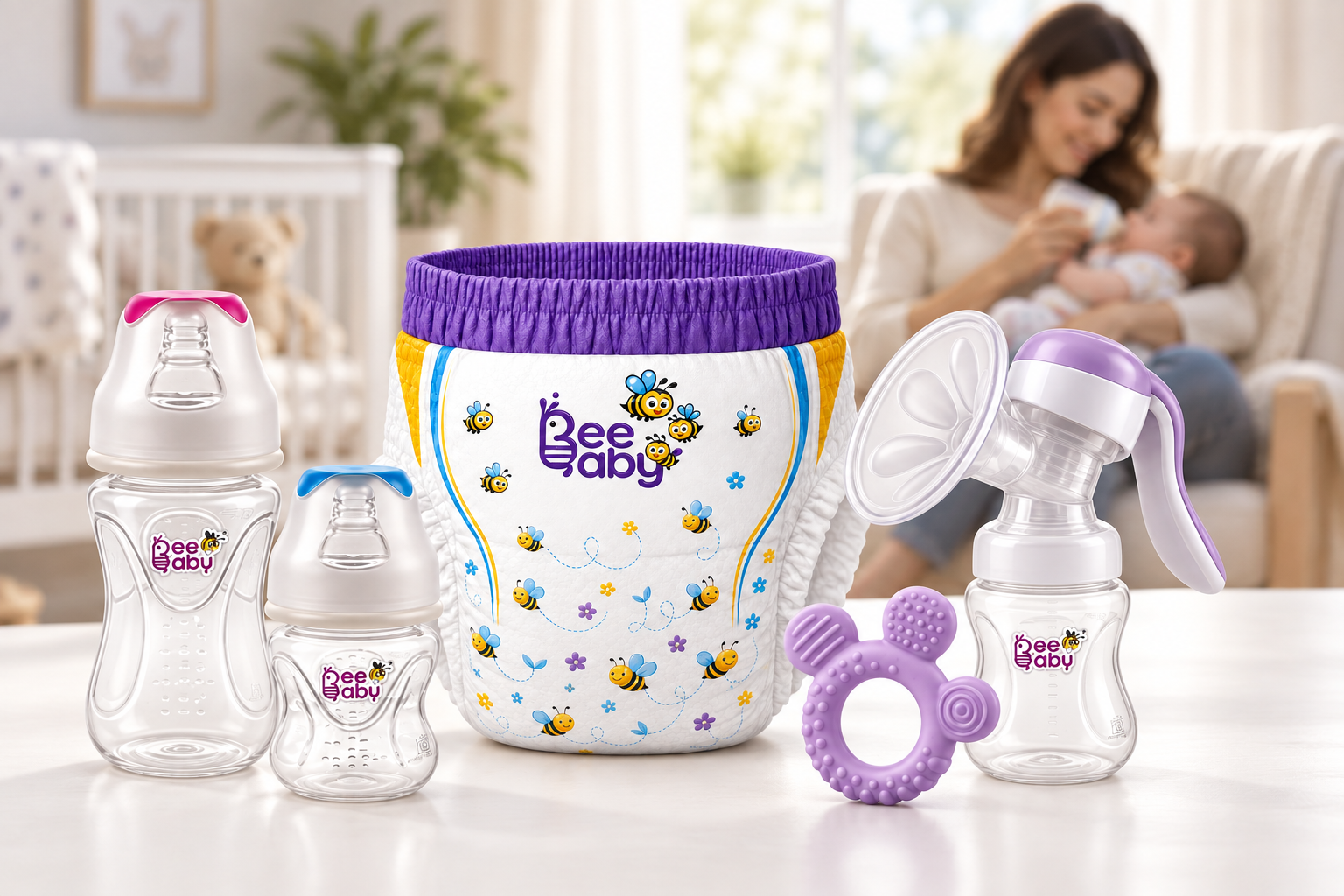 BeeBaby diaper, bottles, breast pump, and teether with a mother feeding her baby softly in the background
